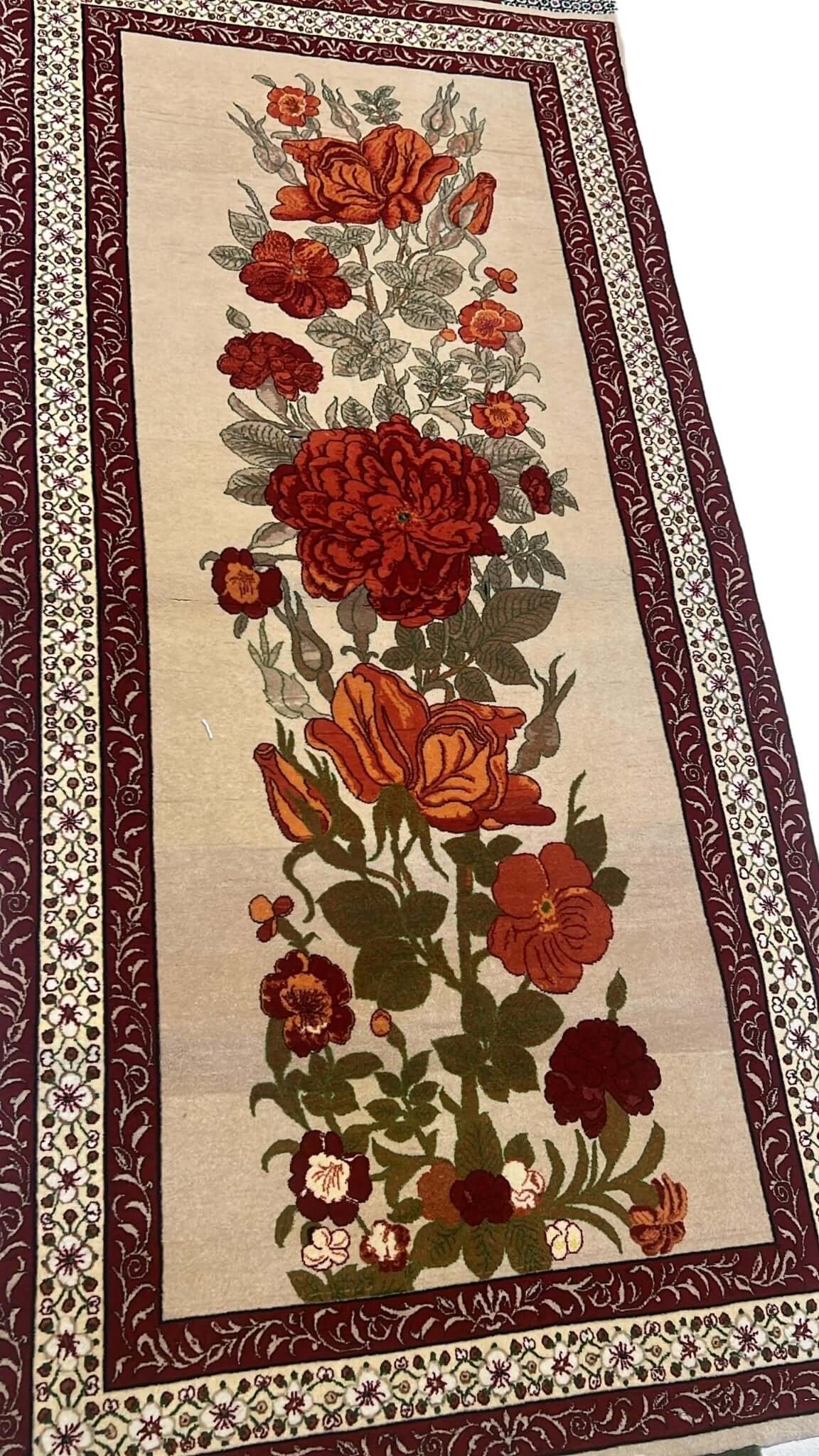 Silk fringes and borders of the handmade Seirafian beige runner rug.